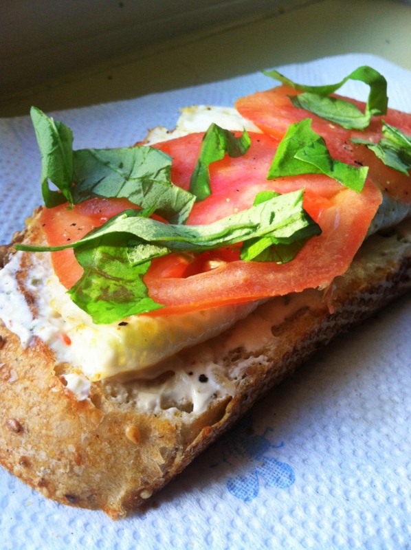 Open-faced Egg White, Cream Cheese, and Tomato Sandwich on Crusty Sunflower Toast