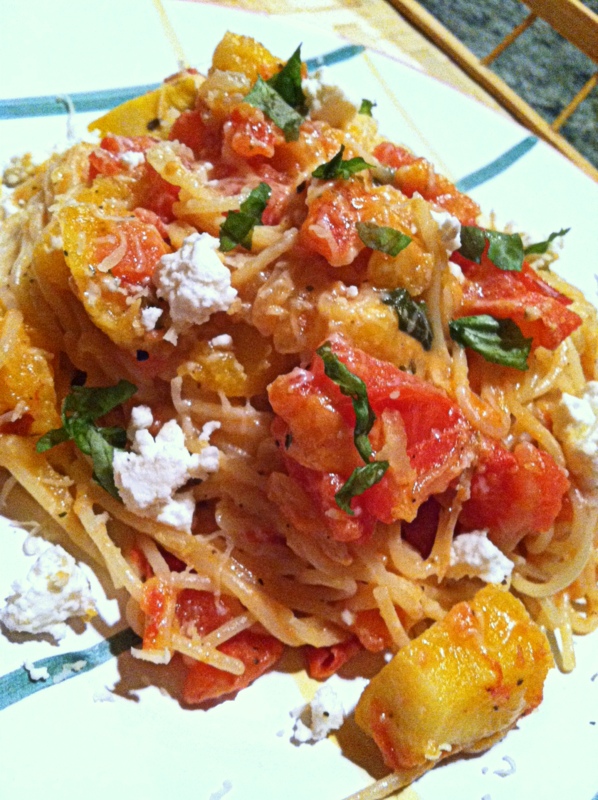 Winter Weeknight Meal ~ Angel Hair with Fresh Tomatoes, Roasted Acorn Squash, Fresh Basil and Goat Cheese