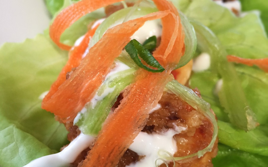 Citrusy Buffalo Shrimp Lettuce Wraps with Yogurt Dressing