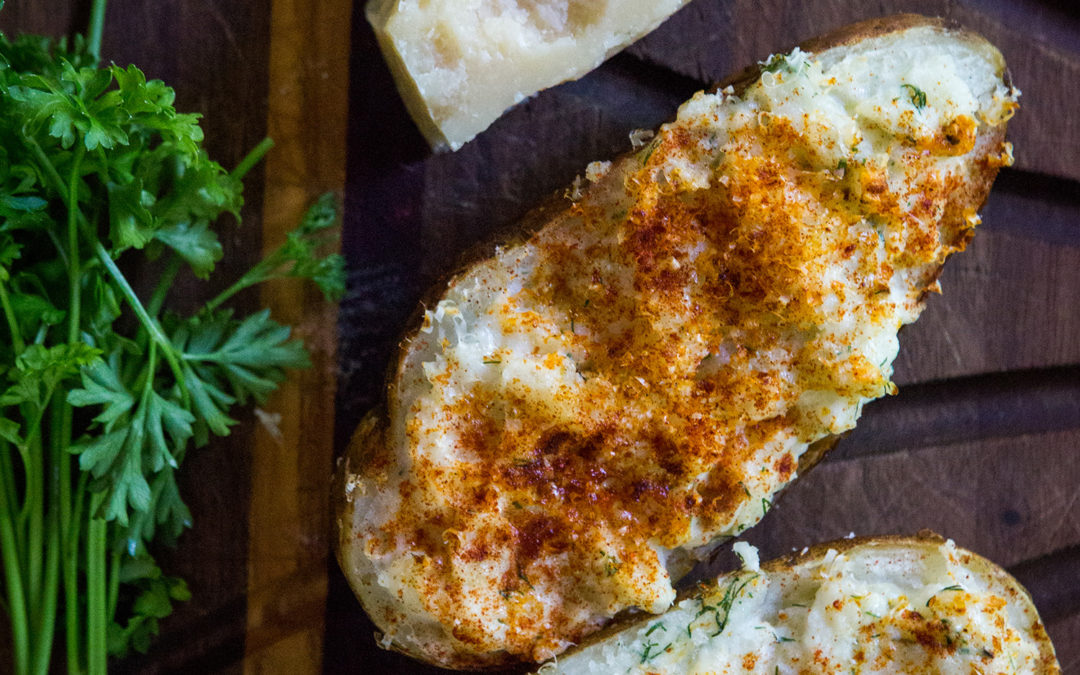 Twice-Baked Potatoes with Ricotta, Roasted Garlic & Dill