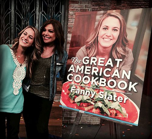 Photo of Rachel Ray and Fanny slater and a poster of her cookbook